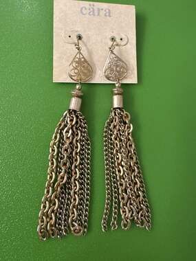 Cara Gold Tone Filigree Teardrop Tassel Earrings Chain Chandelier Holiday Boho